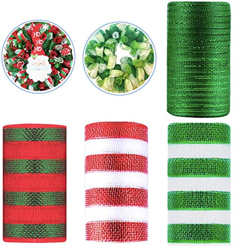 POPOYU 4 Rollen Weihnachten Deko Poly Mesh Bänder,15cm x 9m Weihnachten Poly Mesh Band Ribbon,Rot/Grün/Weiß Metallfolie Poly Mesh Band Rollen für Weihnachten-Dekorationen, Kranz, DIY-Bastelbedarf
