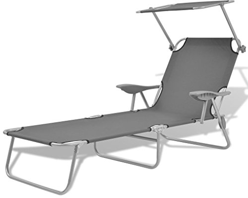 Susany Garten-Sonnenliege Tagesbett 58 x 189 x 27 cm (B x T x H) mit Sonnendach Klappbar Gartenliege Liegestuhl Tagesliege mit 2 Armlehnen Stahlrahmen Verstellbare Rückenlehne und Sonnendach,Grau