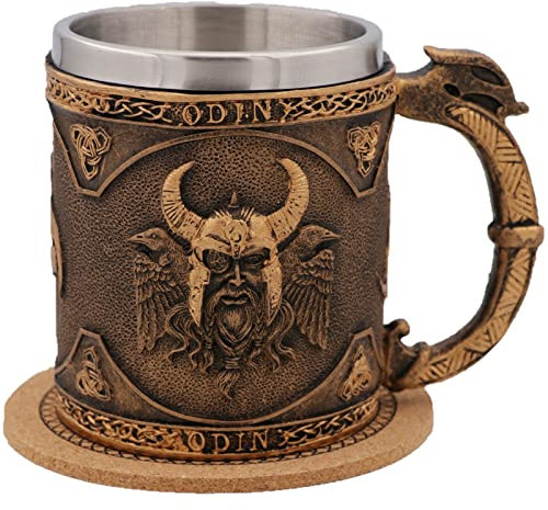 WOKHACH ODIN - Boccale da birra vichingo, in acciaio inox, tazza da caffè, mitologia norrena medievale, folklore, poetica, edda, gotica, decorazione per feste, idea regalo per uomini, 45 ml (ODIN)