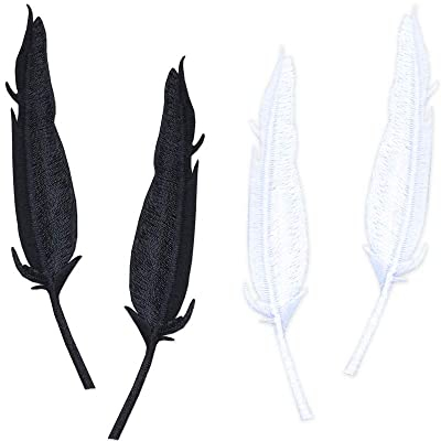 4 Stück weiß schwarz Feder Applikation Stickerei Aufnäher Set, Flicken zum Aufbügeln, Gestickte Flicken Aufnäher, Coole Patches für Männer, Frauen, Jungen, Mädchen, Kinder