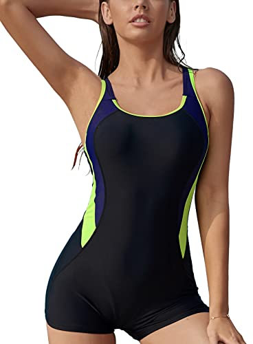 SHEKINI Maillot de bain une pièce athlétique pour femmes, maillot de bain dos nageur, Noir + jaune fluorescent, L