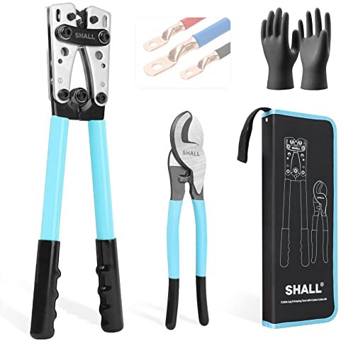 SHALL Batteriekabel-Drahtschuh-Crimpwerkzeug-Kit für US-Kupferschuhe AWG 8-1/0, Draht-Crimpzange für elektrische Lug-Crimper mit Kabelschneider, robuste Batterieklemmen-Crimper mit Aufbewahrungstasche