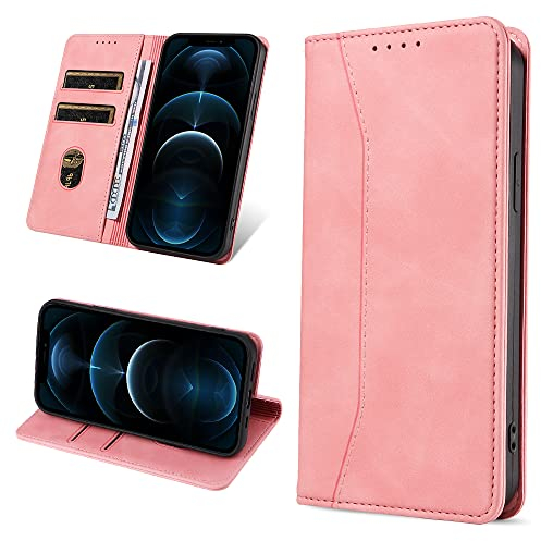 Leaisan Handyhülle für iPhone 12/iPhone 12 Pro Hülle Premium Leder Flip Klappbare Stoßfeste Magnetische [Standfunktion] [Kartenfächern] Schutzhülle für iPhone 12/iPhone 12 Pro Tasche - Pink