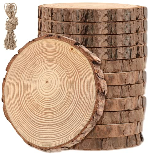 MANCHAP 12 PCS 13-14cm Drilled Hole Wood Log Slices, 1.5cm Unfinished Wooden Discs with Hanging String for Crafts, Painting