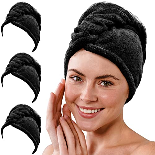 Gräfenstayn 3er-Set Haarturban aus Mikrofaser mit 2 Knöpfen - Turban Handtuch schnelltrocknend & saugstark - Haar-Handtuch Kurze & Lange Haare, Knopf Kopfhandtuch Coralfleece (Schwarz)