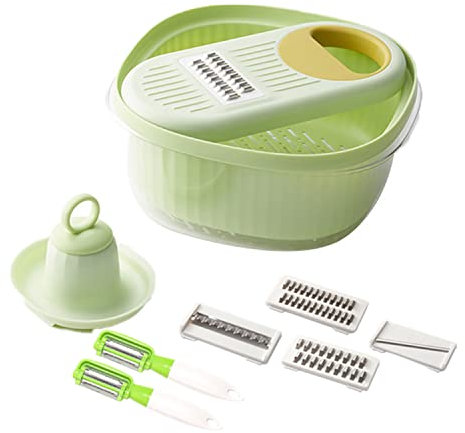 Gemüseschneider 8-in-1 Multifunktions-Gemüsehobel Mandoline, mit Schälmesser, Obstmesser, 6 verschiedene Edelstahlklingen, geeignet zum schnellen Schneiden und Zerkleinern von Obst und Gemüse,Grün