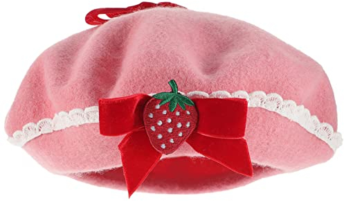 GALPADA Erdbeershortcake Hut Wollbaskenmütze Baskenmützen Erdbeerschleife Wollmütze Süße Handgefertigte Französische Baskenmütze für Halloween Weihnachten Dame Erdbeer- Hut