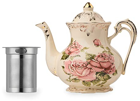 YOLIFE Teapot, Vintage Ivory Ceamic Tea Pot with Infuser, Floral Teapot Pink Rose with Gold Trim - 25oz /3 Cups