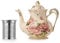 YOLIFE Red Rose Tea Pot with Removable Staniless Steel Infuser, 25 oz Ceramic Teapot for Blooming and Loose Leaf, Vintage Porcelain Tea Pot with Gold Leaves Edge
