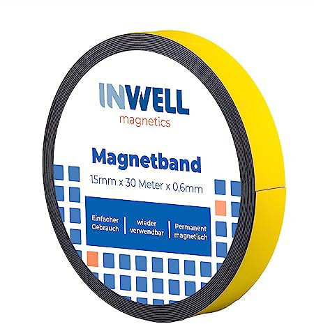 Inwell - Magnetband 15 mm in Farbe Gelb auf Rol | 30 meter | NICHT Selbstklebend | Stark magnetisch | Magnetstreifen