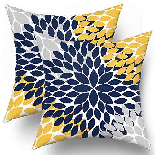 Marineblau-gelbe Kissenbezüge, 50,8 x 50,8 cm, gelb-grau, Dahlien-Blumenmuster, geometrische Kissenbezüge, Set mit 2 Stück, elegante geometrische Blume, Überwurfkissen, Frühling, Sommer,