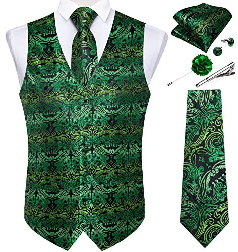DiBanGu Herren Paisley Krawatte und Weste Set mit Anstecknadel Krawattenklammer 7 Stück Seide gewebte Krawatte Anzug Weste für Smoking Party Hochzeit, Grünes und schwarzes Paisleymuster, Small