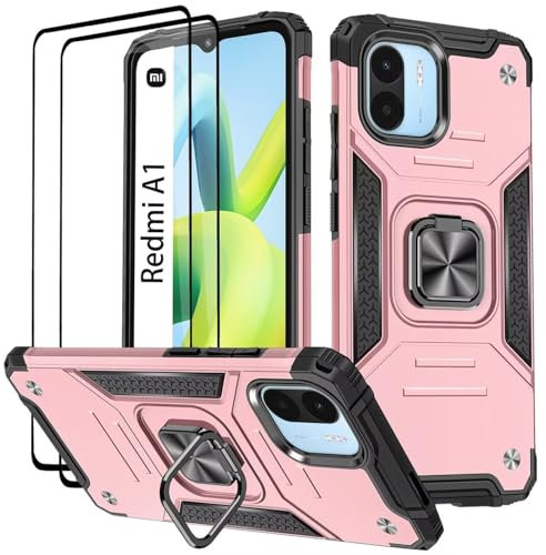 KANSi Coque pour Xiaomi Redmi A1 / Redmi A2, Verre Trempé [2 Pièces] + Housse TPU Silicone Rotation 360° Aimant Anneau Support Double Défense Protection Etui - Or Rose