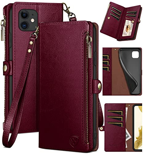 XcaseBar compatible with ‌iPhone 11 6.1 Wallet case with Zipper Credit Card Holder【RFID Blocking】,Flip Folio Book PU Leather Cover Shockproof Phone case Women Men for Apple 11 case Wine Red