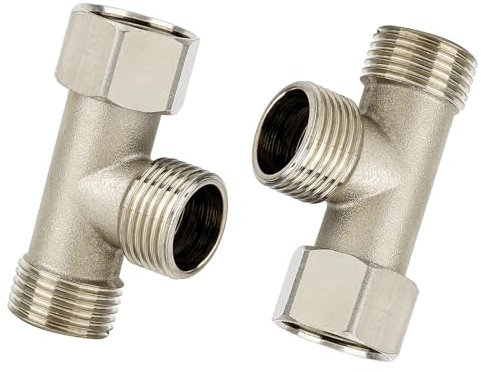 2Pack Movable Tee Fittings T Valve for Bidet, 3 Way Shower Diverter Valve, Shower Hose Adapter, Brass Shower Arm Water Line Splitter (Silver G3/8)