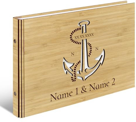 Personalisiertes Hochzeit Gästebuch echtes Holz DIN A4 Hochzeitsbuch mit Lasergravur - Anker - mit 72 Blatt / 144 Seiten Naturpapier Weiß