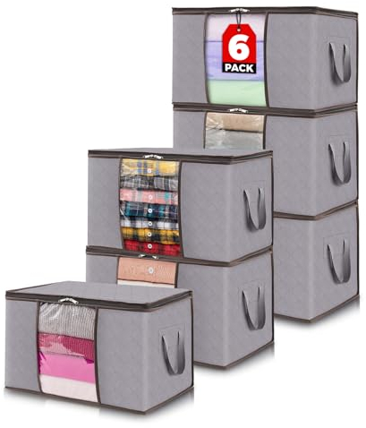Lifewit Lot de 6 Sac Rangement Vetement 50L, Boite Rangement Pliable avec Poignées Renforcées, Housse de Rangement Couette, Caisse Rangement Sous Lit pour Vêtements, Couvertures, Jouets, Gris Clair