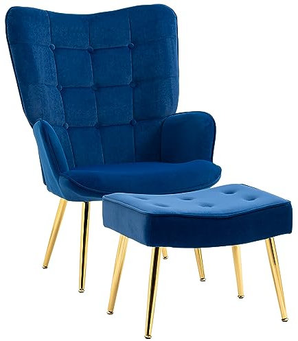 HOMCOM Modern Armchair with Footstool, Upholstered Accent Chair with Ottoman, Steel Legs, Velvet Wingback Chair for Living Room, Bedroom, Home Study, Dark Blue