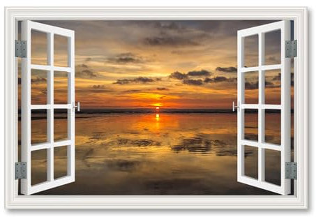 DHAEY Quadro su Tela Finestra Mare-Splendido scenario al tramonto sul mare 44 -Falsa finestra vista Mare vista stampa-Dipinto su tela per la decorazione 60x90cm Solo Tela