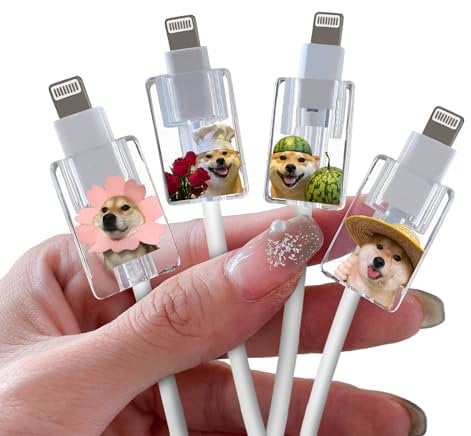 Cute Cable Protector for iPhone Type-c Charger,Cartoon Shiba Inu Dog Design 4 PCS Set Cable Case for Women Girls Kids Teen,Cable Sleeve Charging Cord Protector Cable Chomper Cord Saver