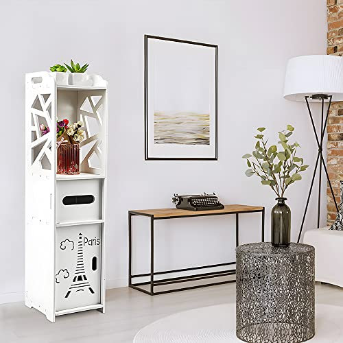 HUOLE Mueble Auxiliar de Baño Columna de Baño Mueble de Suelo de Baño con Estantes Ajustables, Independiente Blanco portarrollos pequeño Armario de baño, 20 * 15 * 80cm