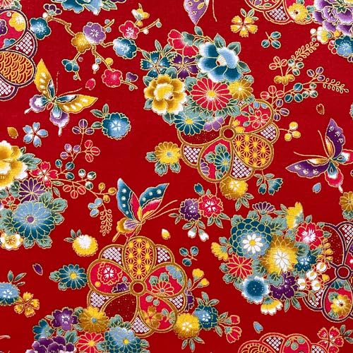 Jukway Tissu en Coton au Mètre, 50 X 145 cm, 100% Coton, Motif Bronzé, Imprimé Floral, pour Couture, Matelassage, Artisanat, Rideaux, Ameublement (01- Design, Rouge)