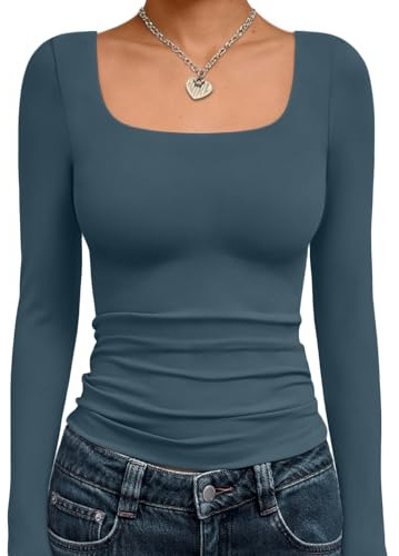 Trendy Queen Womens Long Sleeve Shirts Crop Tops Fall Fashion 2025 Square Neck Going Out Basics Tees Y2k Clothes, Haze Blue, XS