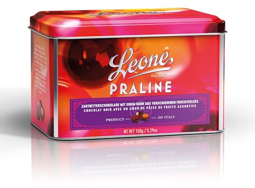 Leone dal 1857 - Latta Gelatine di Frutta Ricoperte di Cioccolato Fondente - Cioccolatini Leone - Senza Glutine e Vegano - Latta Regalo da 150 gr