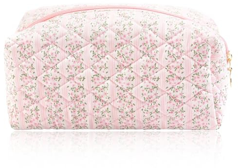 Gesteppte Kosmetiktasche mit Blumenmuster Blumen Make up Tasche Kosmetikbeutel mit Blümchen Große Kosmetische Tasche Make Up Tasche Aesthetic für Make-up-Pinsel und Beauty-Utensilien (Rosa)