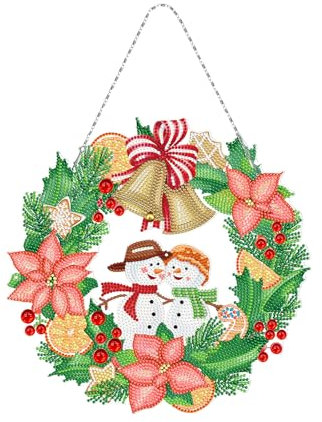 Christmas Diamond Painting Wreath Ornament,5d Diy Christmas Diamond Art Painting Wreath Kit with Led Light,Snowman Christmas Wreaths for Kid Adult Front Door Home Decoration Xmas Party Supplies (A)