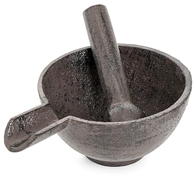 Sungmor Mortero y mortero de hierro fundido, pequeño y resistente, juego de molinillo de especias negro, mortero de 3.9 pulgadas con boquilla de vertido y mortero de 3.9 pulgadas de largo,