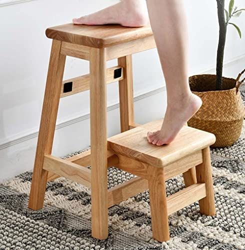 Tabouret Pouf Tabouret échelle à 2 marches Marche Pliante en Bois Massif Banc Haut marchepied en Bois pour Cuisine bibliothèque et Salle de Musique Bois de Caoutchouc Naturel Couleur