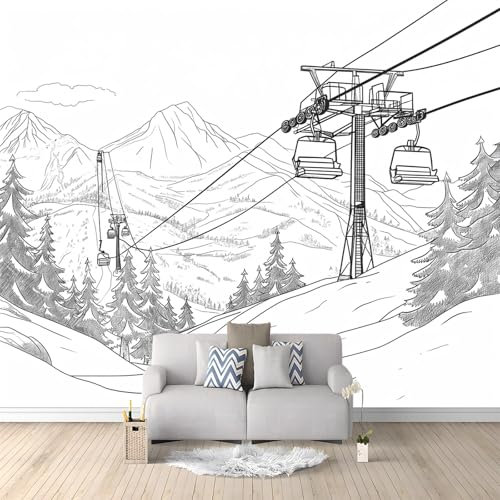 Carta da Parati Moderna Disegno Di Schizzo Skilift Di Montagna 250x175 cm Poster Gigante Carta da Parati, Tessuto Non Tessuto Fotomurale Carta da Parati, per Camera Letto, Soggiorno, Corridoio