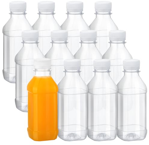 saerryor 12 Pcs 8.4oz/250ml Juice Bottles Square Shot Bottle with Lids Plastic Leak-Proof Drink Bottles Reusable for Smoothie Juice Beer Milk