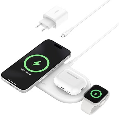 Belkin BoostCharge Pro Cargador inalámbrico 3 en 1 con tecnología magnética Qi2 de 15 W BoostCharge Pro, estacion de Carga rápida inalámbrica para iPhone 16, AirPods, Apple Watch, Blanco