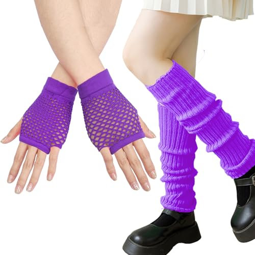 CWENDANER Elastische Neon Beinstulpen und Netzhandschuhe, Leg Warmers, 80er 90er Jahre Kostüm Zubehör, Cosplay Kostüm Zubehör Disco Party Karneval Zubehör