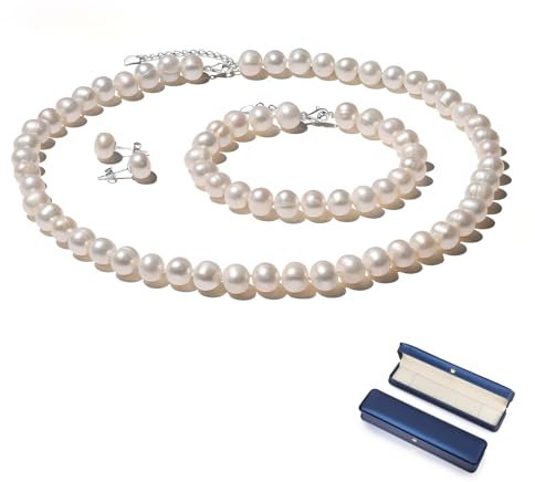 YAMI Perlenset (Halskette + Armband + Ohrringe), Süßwasser-Zuchtperlen (8-9 mm). Hypoallergen. 925er Sterlingsilber. Ein exklusives Hochzeitsgeschenk für die Braut. 45+5 cm.