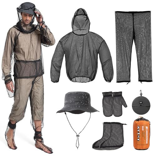 5-teiliges Anti-Moskito-Anzug-Set mit Mückenkopf-Netz-Hut, Mückenschutz, leichtes Netznetz, Sommerkleidung, mit Jacke, Handschuhen, Hose für Angeln, Camping, Jagd, Unisex, Schwarz , XL (Lang)