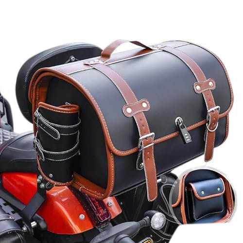 UYTKTN Motorrad Hecktasche für Kawasaki Vulcan S 2015-2024, Leder Wasserdichter Motorrad-Topcase Robuster Motorradkoffer, 33L Motorrad Pannier Satteltasche Reisetasche,B Black+Brown