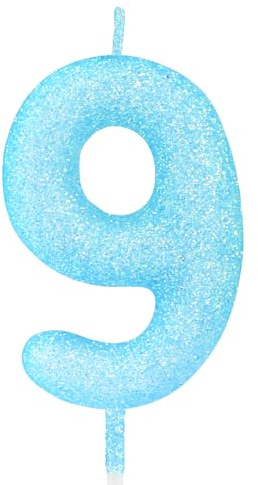 mciskin Glitzernde 9 Kerzen für Geburtstag, Mädchen, blaue Zahl 9 Kerzen für Kuchen, blaue Dekoration zum 9. Geburtstag, Dekoration für Mädchen und Jungen, Macaron-Kuchen, Cupcake-Topper für Party