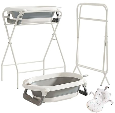 UBRAVOO Baby Bath with Stand, Baby Bathtub Foldable with Thermometer and Bath Pillow, Ergonomic Cushion and Drain Hose, Durable & Easy to Store, Best for Newborns & Babies Up to 12 Months (Grey)