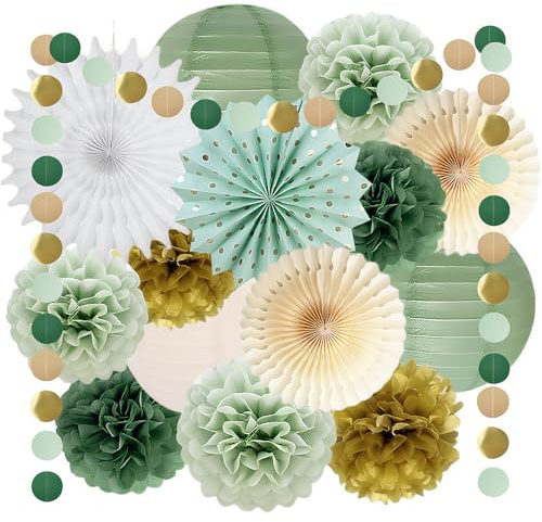 Salbeigrün Party Dekorationen Salbeigrün Creme Gold Seidenpapier Pom Poms Papierfächer Olive Seidenpapier Pompoms Salbei Gold Kreis Punkte Girlande Salbeigrün Geburtstagsdeko für Babyparty Hochzeit