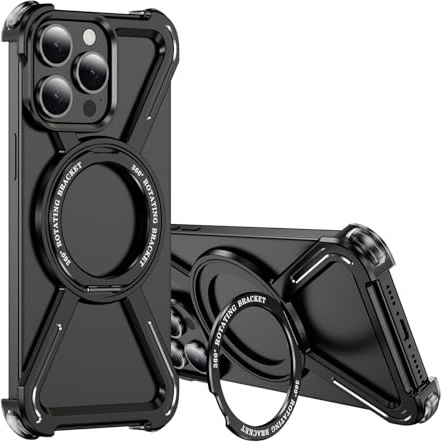IMEIKONST for iPhone 15 Pro Case with 360° Rotation Magnetic Stand, [Compatible with Magsafe] Titanium Metal Frameless Design Military-Grade Drop Protection Phone Cover for iPhone 15 Pro. Black THJ