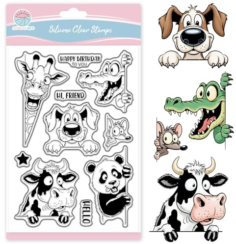 GLOBLELAND Lustiger Guckender Tier Stempel Für Scrapbooking Cartoon Kuh Hund Silikonstempel Panda Giraffe Transparenter Stempel Für Kartengestaltung DIY Prägung Journaling