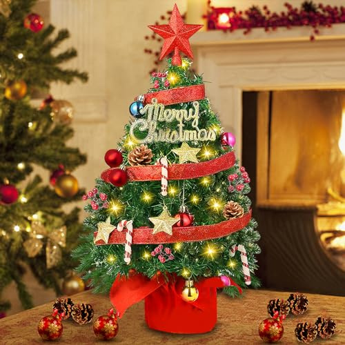 NCKIHRKK Albero di Natale da Tavolo, Piccolo 50 cm, con 30 LED Luci Incorporate, Addobbi Albero di Natale con Puntale a Stella, Mini Appendere albero di natale Già Addobbato