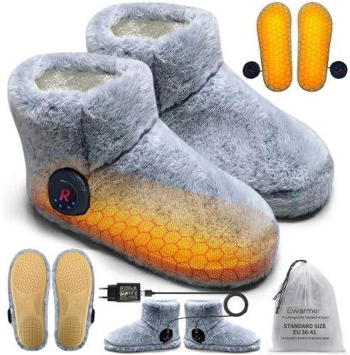 Ewarmer Wiederaufladbarer Fußwärmer für kalte Füße, Graphen beheizte Stiefel für Damen, 4-8 Stunden Wärme, Waschbar & Abnehmbar, Elektrisch beheizte Pantoffeln,Beheizbare Hausschuhe Indoor (grau)
