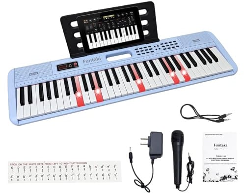 Funtaki 61-Key Electronic Keyboard Piano for Adults Kids with Light Up Keys, MIDI Connectivity & Learning Modes - Perfect Beginner Piano (blue)