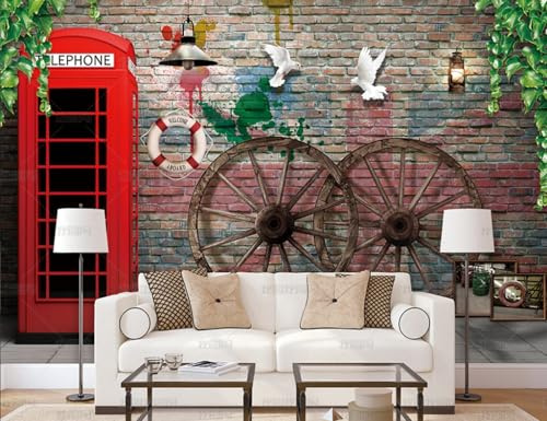 rskjdghshd Papier peint rétro mur de briques roue en bois cabine téléphonique rouge peinture décorative café restaurant mural, 3D, 250x175cm