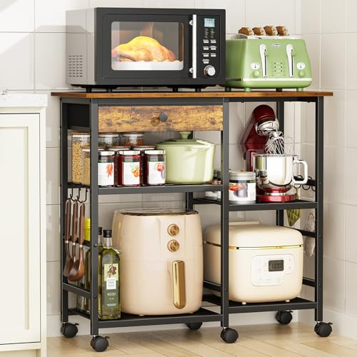 Draelibor Microwave Cart, 6-Tier Microwave Stand with Wheels & Adjustable Shelf, Coffee Bar Table Station, Rolling Storage Cart Organizer Shelf for Living Room, Kitchen Island, Office, Black