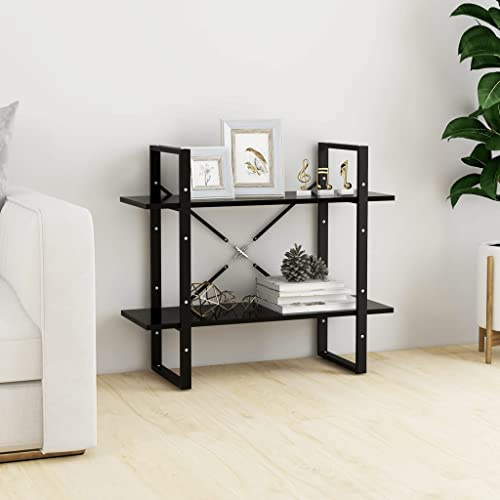 Fangmaliuyun Bücherregal Schwarz 80×30×70 cm, 2-Fach-Holz-Metall, Industrie-Design, platzsparend, Wohnzimmer/Büro/Schlafzimmer